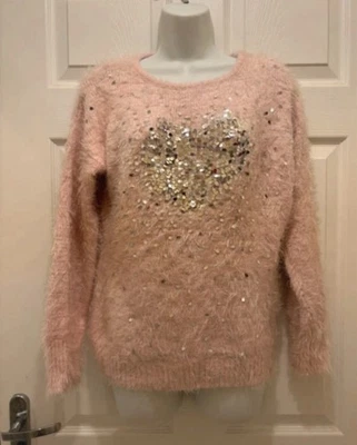 Quiz Pink Fuzzy Heart Sweater – Size 8 Y2K Style Sequin Detail Soft Knit Jumper - Image 1 of 4