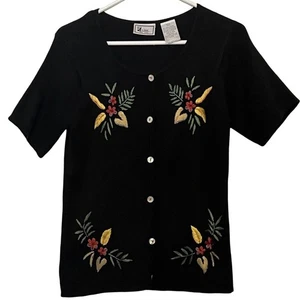 DB Line Womens Short Sleeve Sweater Size S Black Floral Button Up Embroidered - Picture 1 of 7