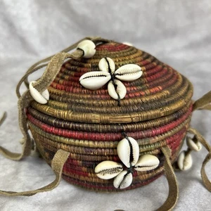African Ethiopian Lidded Harari Basket Woven Grass Leather Cowrie Shells VTG - Picture 1 of 12