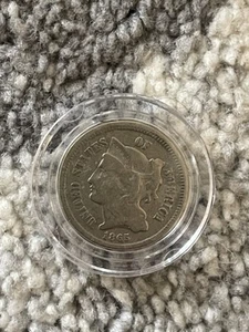 1865 Three Cent Nickel Piece 3C Ungraded Civil War Date - Picture 1 of 2