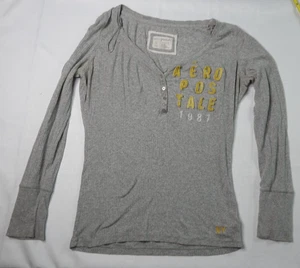 Aeropostale Damen LS Henley Thermo Top grau Gr. XL Stretch 1987 Grafik Y2K - Bild 1 von 6