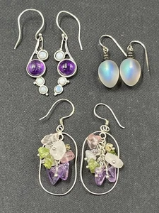 Lot Of 3 Pr Sterling 925 Pierced Earrings W/Stones Amethyst Opal Peridot 16 Gr - Picture 1 of 8