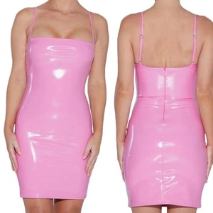 Vestito donna spaghetti strap vinile tubino Barbie rosa nuovo senza etichette guardaroba nudo taglia M - Foto 1 di 10