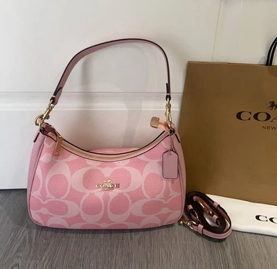 Bolsa de ombro COACH Teri em pó de lona assinatura rosa saída CAL51 NOVA - Imagem 1 de 4