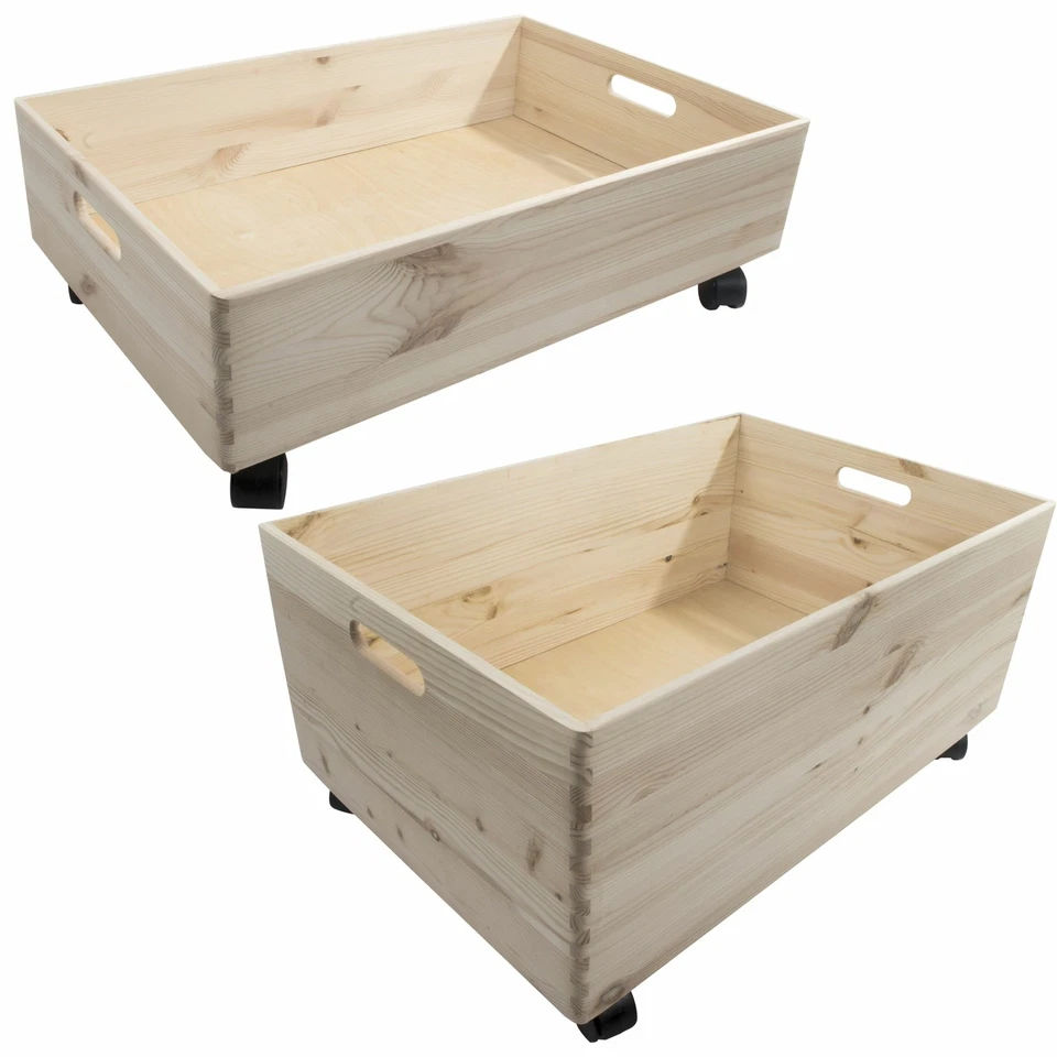 Extra Large Wooden Pine Crate Open Storage Box on Wheels Unpainted Chest Trunk - Image 1 of 1