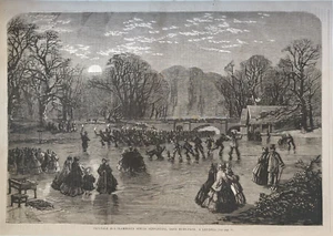 Stampa antica 1865 Hyde Park Serpentine Londra pattinaggio - Foto 1 di 3