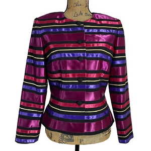 Maggy London Shirt Blouse Jacket Button Down Black Satin Ribbon Stripe Business - Picture 1 of 4