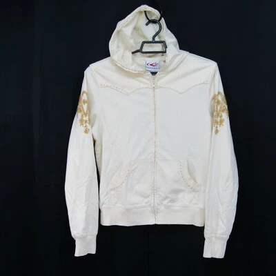 Sudadera con Capucha Roper Para Mujer Grande Marfil Dorado Bordado Costuras Crudas Cremallera Completa Western Foto 1 de 4
