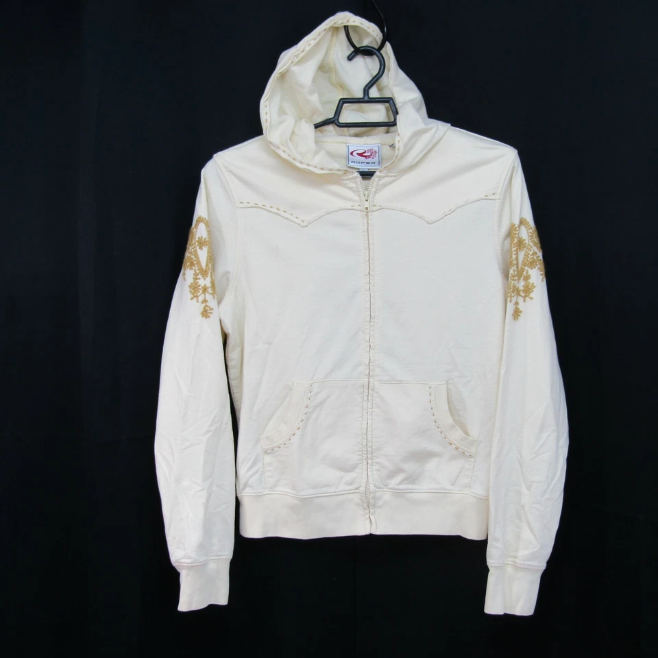Sudadera con Capucha Roper Para Mujer Grande Marfil Dorado Bordado Costuras Crudas Cremallera Completa Western Foto 1 de 4
