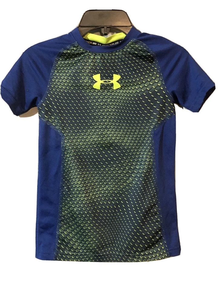 Boys Under Armour Heat Gear Fitted Blue/Green Short Sleeve Shirt Size Youth S — 第 1/4 张图片