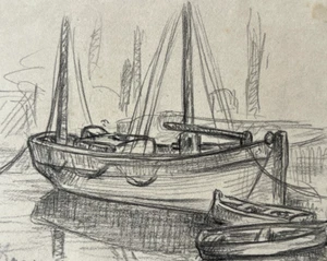 Antique Drawing Original Anthelme BERGERON (XIX-XX) Seaview, Boats, Seaside - Picture 1 of 8