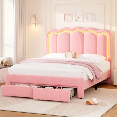 Ufurniture LED Velvet Bed Frame Adjust Headboard & Charging Station Pink Queen - image 1 of 4