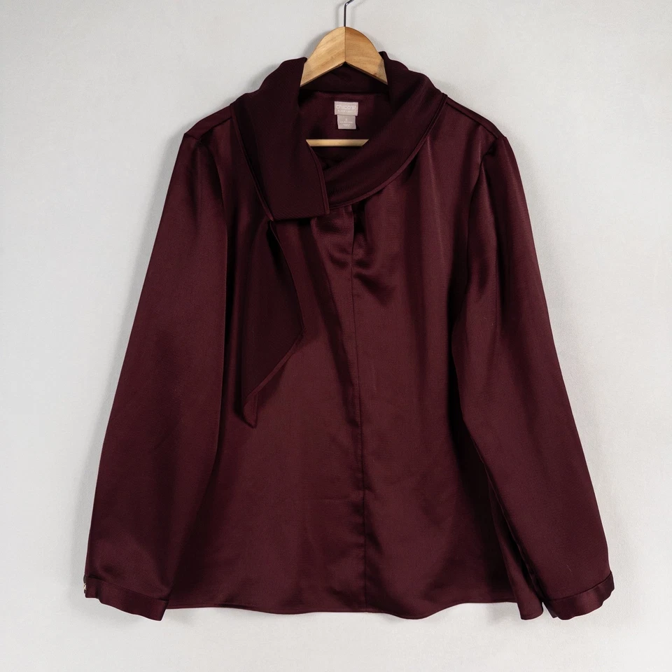 Blusa Chicos Etiqueta Negra 3 US XL Borgoña Satén Drapeado Bufanda Cuello Manga Larga Foto 1 de 4