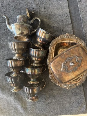 Wallace Baroque Silver Tea Cups And Serving Plate - Image 1 of 4