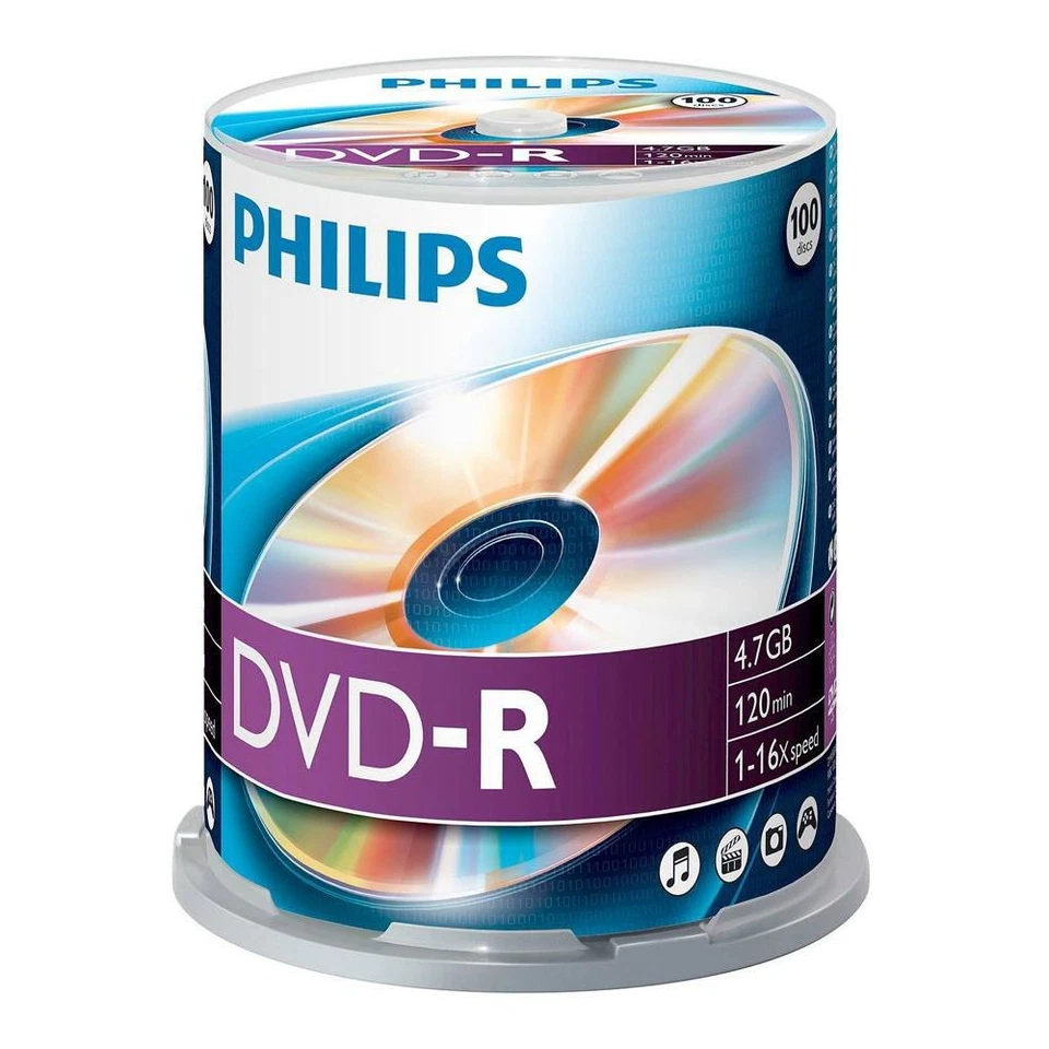 Philips DVD-R Rohlinge 4.7 GB 120 Min. 16x Speed 100er Spindel # DM4S6B00F/00 - Bild 1 von 1