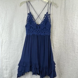 Vestido FP One Free People Mujer Grande Azul Adella Slip Boho Encaje Volantes Mini - Imagen 1 de 14