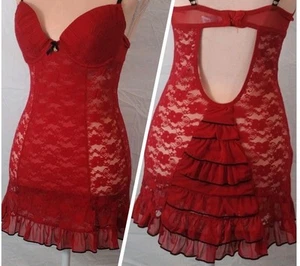 Jessica Simpson Damen rot Dessous Rüschen Spitze Negligee Babydoll Set groß - Bild 1 von 9