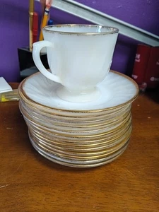 Lot Of 14 Anchor Hocking Fire King Saucers & Sugar cup Milk glass swirl gold rim - Picture 1 of 13