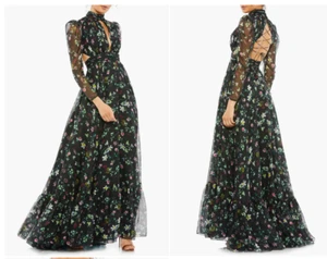 MAC DUGGAL 67942 FLORAL HIGH NECK PUFF SLEEVE STRAPPY CUTOUT BACK BLACK GOWN 8 - Picture 1 of 5