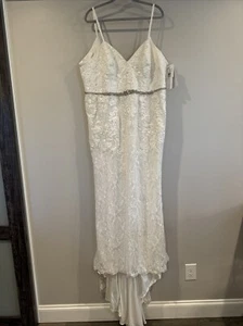 Galina Signature Long Sheath Low Back Crystal Belt Wedding Dress Sz 20W NWT - Picture 1 of 21