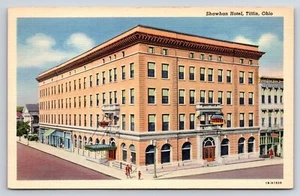 Postcard Shawhan Hotel, Tiffin, Ohio, Exterior View, Street, Signage  - Picture 1 of 2