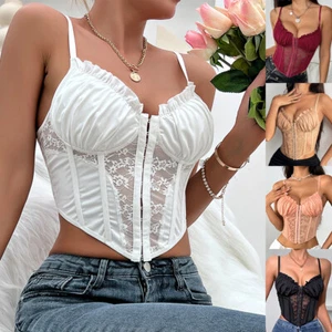 Womens Lace Strappy Frill Bustiers Corset Crop Tops Vest Summer Shirts Cami SEXY - Picture 1 of 27