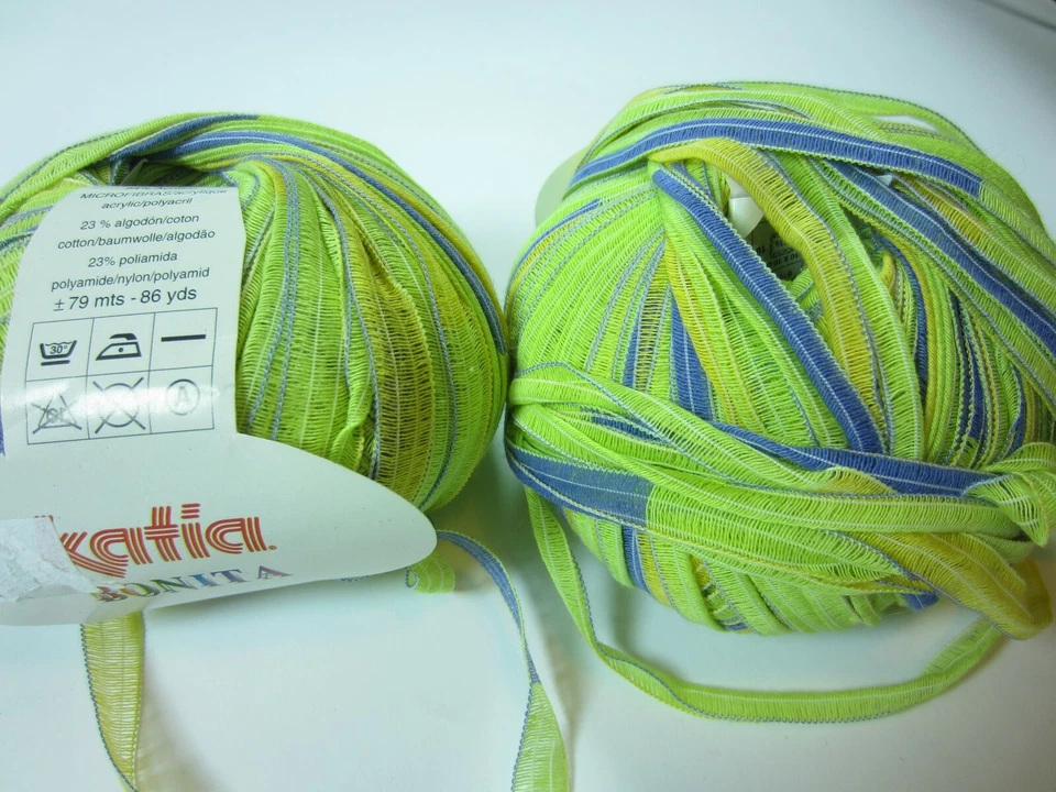 1-14 ball Katia BONITA #15 Lime Green Mint Blue Yellow Ribbon cotton YARN lot - Image 1 of 1