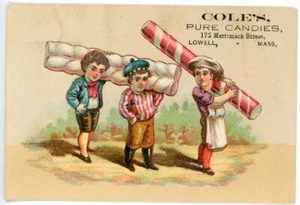 Victorian Trade Card Cole's Pure Candies Bastoncini di menta piperita Lowell, Mass - Foto 1 di 2