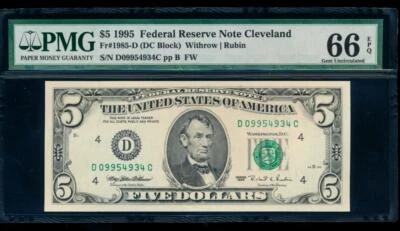 AC $5 1995 FRN Cleveland PMG 66 EPQ D-C Fr 1985-D - Image 1 of 2