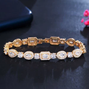 Luxury Gold Plated Geometric Cubic Zirconia Wedding Bracelet Women Party Jewelry - Picture 1 of 11