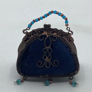 Victorian Era Inspired 3” Copper Weave & Blue Suede Purse + Blue & Orange Beads - Picture 1 of 5
