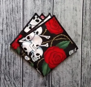 Skull and Roses Pocket Square Hankie Handkerchief Formal Made to Order - Picture 1 of 4