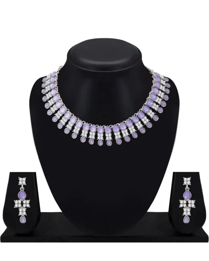 Gargantilla púrpura Kundan plateado indio boda y fiesta joyería collar conjunto Foto 1 de 4