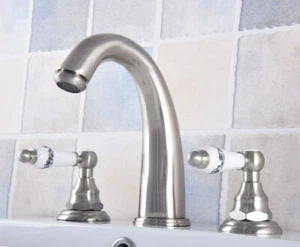 Bathroom Basin Sink Mixer Tap Brushed Nickel 3 Holes Two Handle Taps Faucet - Picture 1 of 7