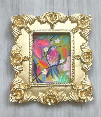 Hummingbird miniature art watercolor print in gold vintage style ornate frame - Image 1 of 4