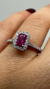 PLATINUM HALO EMERALD CUT RUBY AND DIAMONDS RING 0.53CT GG246 - Picture 1 of 21