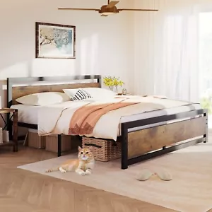Wooden Headboard Full Queen King Size Bed Frame Heavy Duty Metal Sturdy Platform - Picture 1 of 38