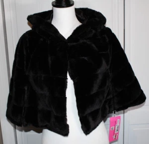 BETSEY JOHNSON BLACK FAUX FUR HOODED CAPELET WEDDING FORMAL PROM SIZE M NWT - Picture 1 of 7