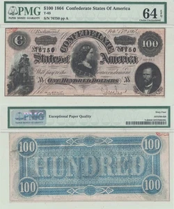 1864 $100 Confederate States Note T-65 PMG Choice CU-64 EPQ - Picture 1 of 3