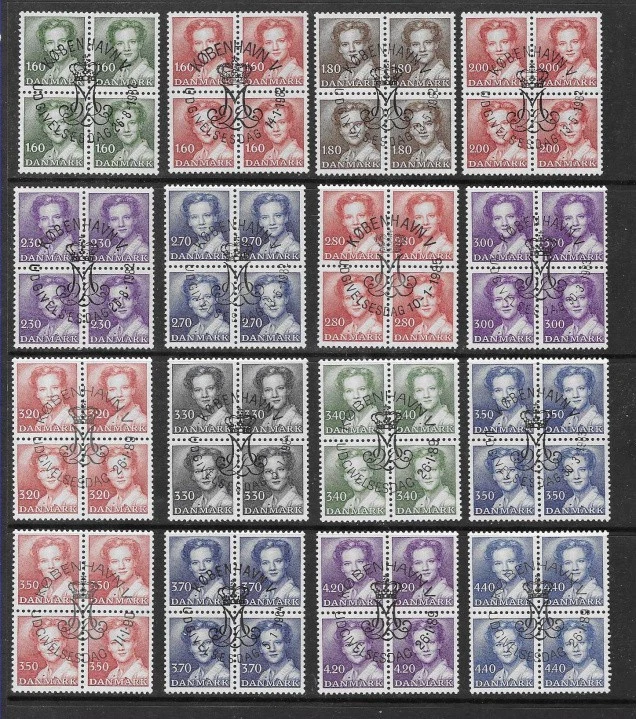 Denmark 1982-90 Queen Margrethe, 16 Values in Blocks of 4, Used - See Scan - Image 1 of 1