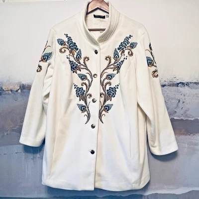 BOB MACKIE Wearable Art Fleece Jacket 1X Ivory Floral Embroidered Button-Up EUC - Image 1 of 4