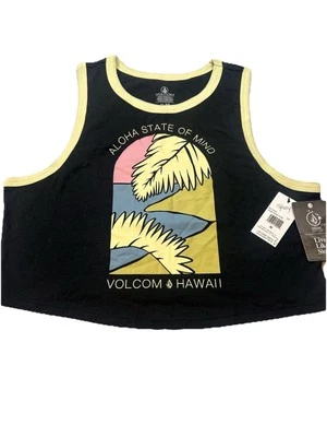 NEW VOLCOM M CROP HAWAII ALOHA GRAPHIC TANK  WOMENS BLACK SHIRT STATE OF MIND - Image 1 of 4