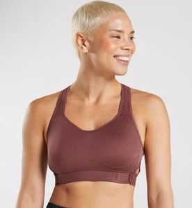Gymshark Racerback Athletic Sports Bra High Support Size 34E/F Cherry Brown - Picture 1 of 9