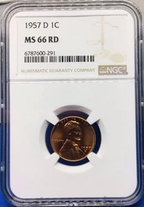 1957-D Lincoln Cent Wheat Penny - **NGC MS66RD** - Bright Wheat NGC Certified - Picture 1 of 6