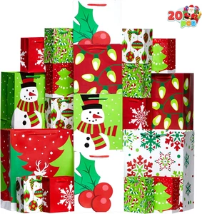 20 PCS Christmas Goody Gift Bags with Handles Assorted Sizes, Holiday Paper Pres - Picture 1 of 12