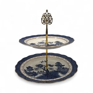 Booths Real Old Willow 2 Tiered Serving Tray Porcelain Gold Rim - Picture 1 of 8