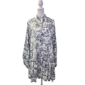 NWT Commense Gray Ink Marta Toile Button High Neck Mini Dress Small *NO BELT* - Picture 1 of 9