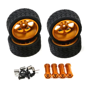 4PCS Gold Wheels Rim Hubs + Rubber Tires RC Car Metal Parts For Wltoys 144001 J - Picture 1 of 5