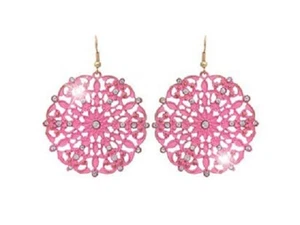 EARRINGS MEDALLION Pink Clear Crystal Lacy Medallion Earrings - Picture 1 of 1