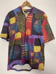 Vtg L Retro Geometric Cycling Cotton Jersey Shirt Top Short Sleeve Multicolor - Picture 1 of 6